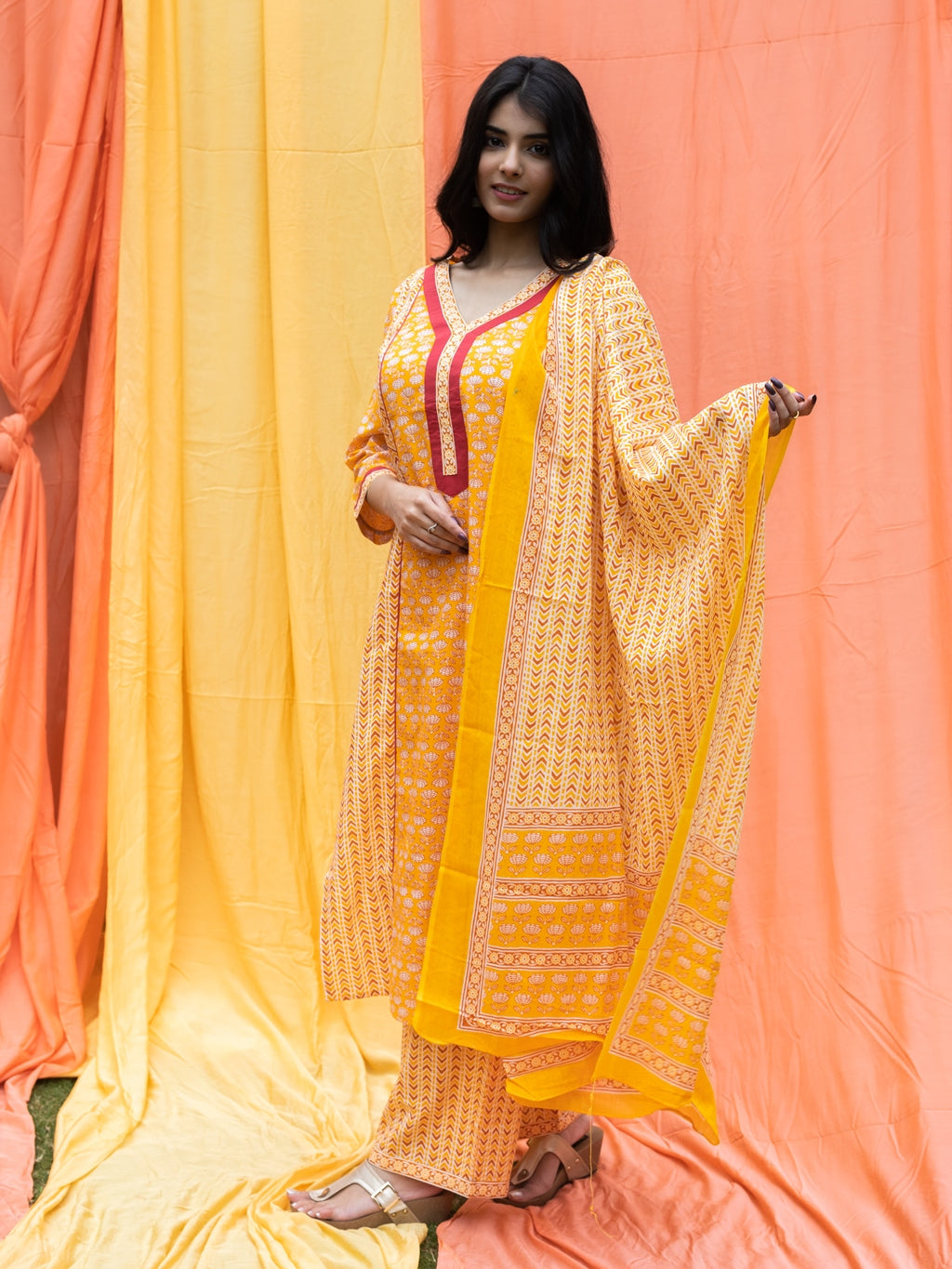 Women's Cotton Cambric Buti Printed Straight Kurta Palazzo & Dupatta Set (Yellow) (199VDKPD3797YEL)