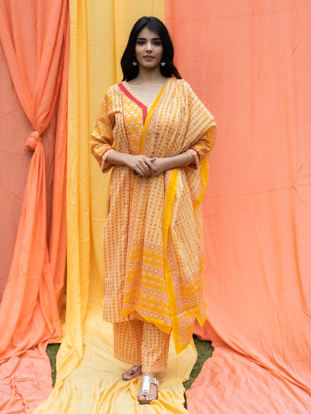 Women's Cotton Cambric Buti Printed Straight Kurta Palazzo & Dupatta Set (Yellow) (199VDKPD3797YEL)
