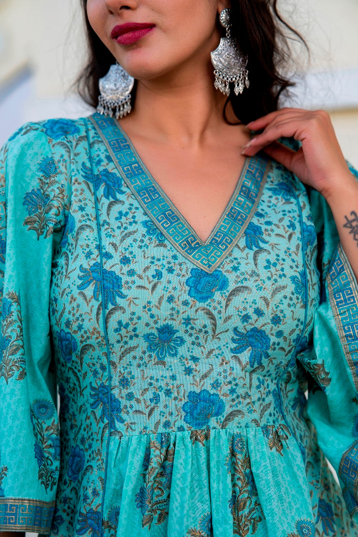 Adqeduct Turquoise Blue Premium Cotton Gold Foil Printed Dress (A116K1TRQ)