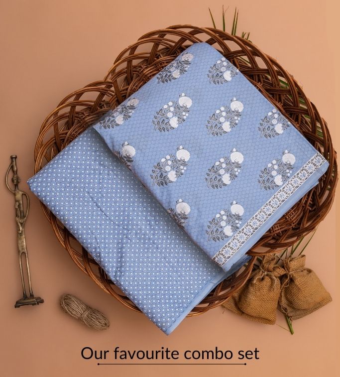 Vivid Cerulean & White Cotton Fabric In Silver Imprint - price per meter (222DG1RFCT)