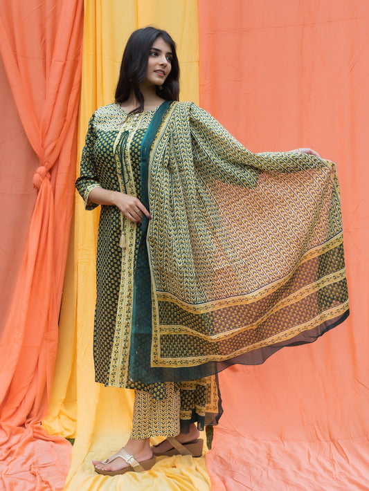 Women's Cotton Cambric Buti Printed Straight Kurta Palazzo & Dupatta Set (Green) (200VDKPD3798GRN)