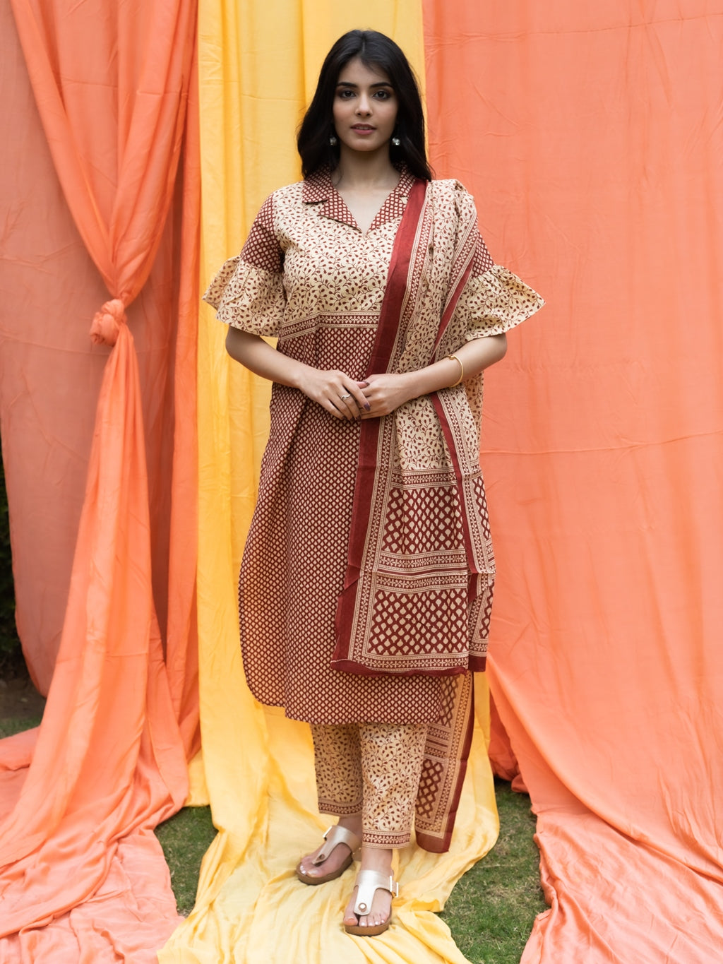 Women's Cotton Cambric Buti Printed Straight Kurta Pants & Dupatta Set (Beige) (202VDKPD3802BGE)