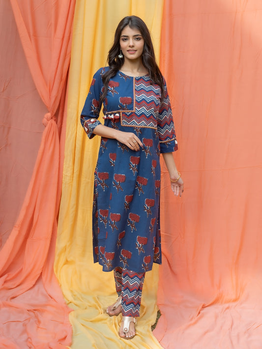 Women's Cotton Cambric Embroidered Straight Kurta & Pant Set (Blue & Red) (203VDKP3860BLU)