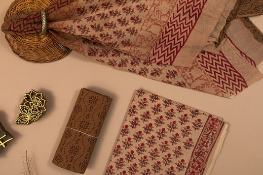 Bonza Beige and Brown Handblock Printed Unstitched Cotton Suit Set With Mulmul Dupatta (239NV3CTML)