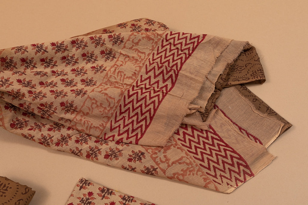 Bonza Beige and Brown Handblock Printed Unstitched Cotton Suit Set With Mulmul Dupatta (239NV3CTML)