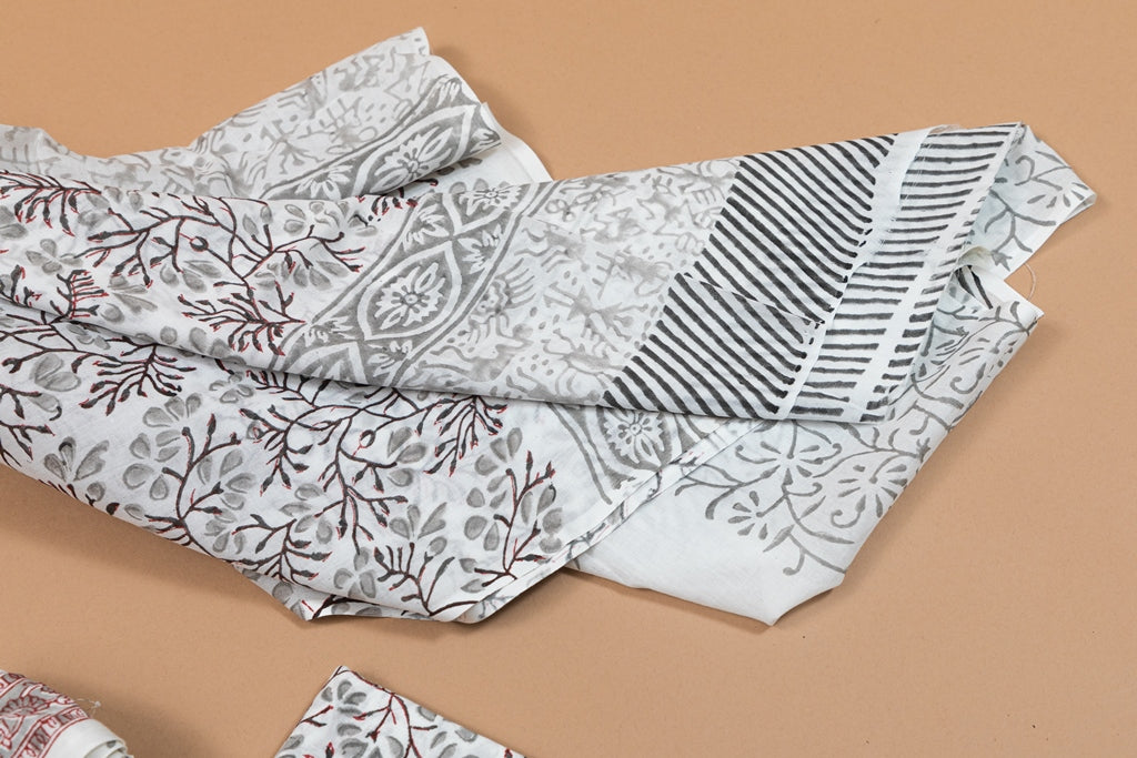 Ravishing White and Grey Handblock Printed Unstitched Cotton Suit Set With Mulmul Dupatta (240NV3CTML)