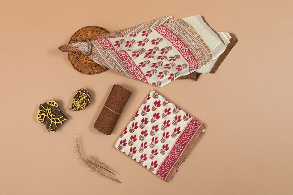 Papyrus Cream and Brown Handblock Printed Unstitched Cotton Suit Set With Mulmul Dupatta (241NV3CTML)