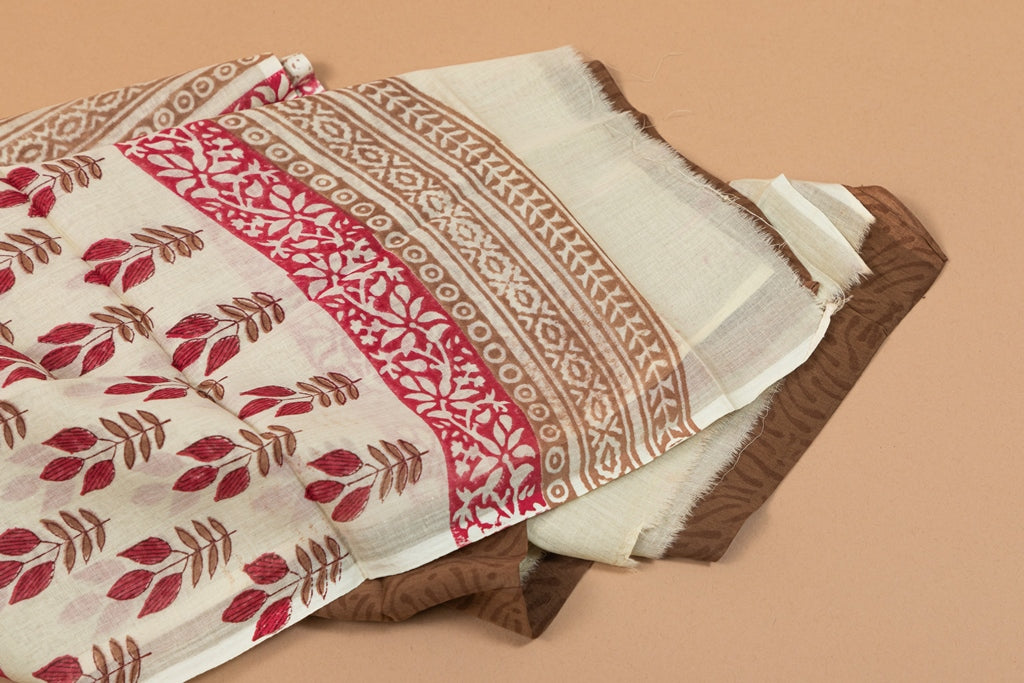 Papyrus Cream and Brown Handblock Printed Unstitched Cotton Suit Set With Mulmul Dupatta (241NV3CTML)