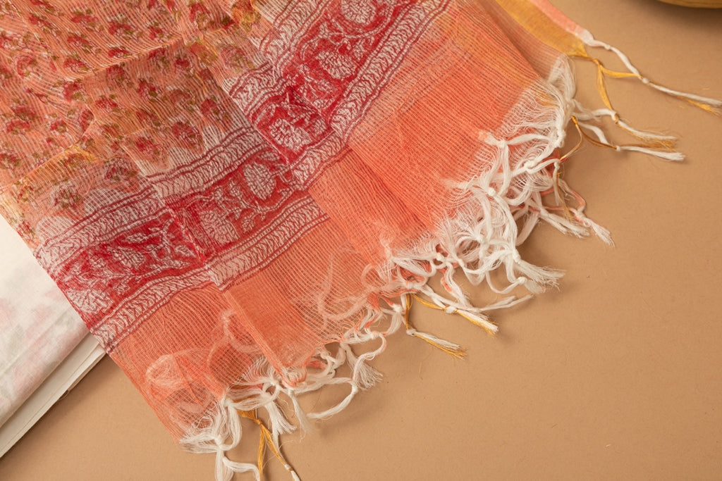 Blush Pink and White Handblock Printed Unstitched Cotton Suit Set With Kota Doriya Dupatta (242MH3CTKT)