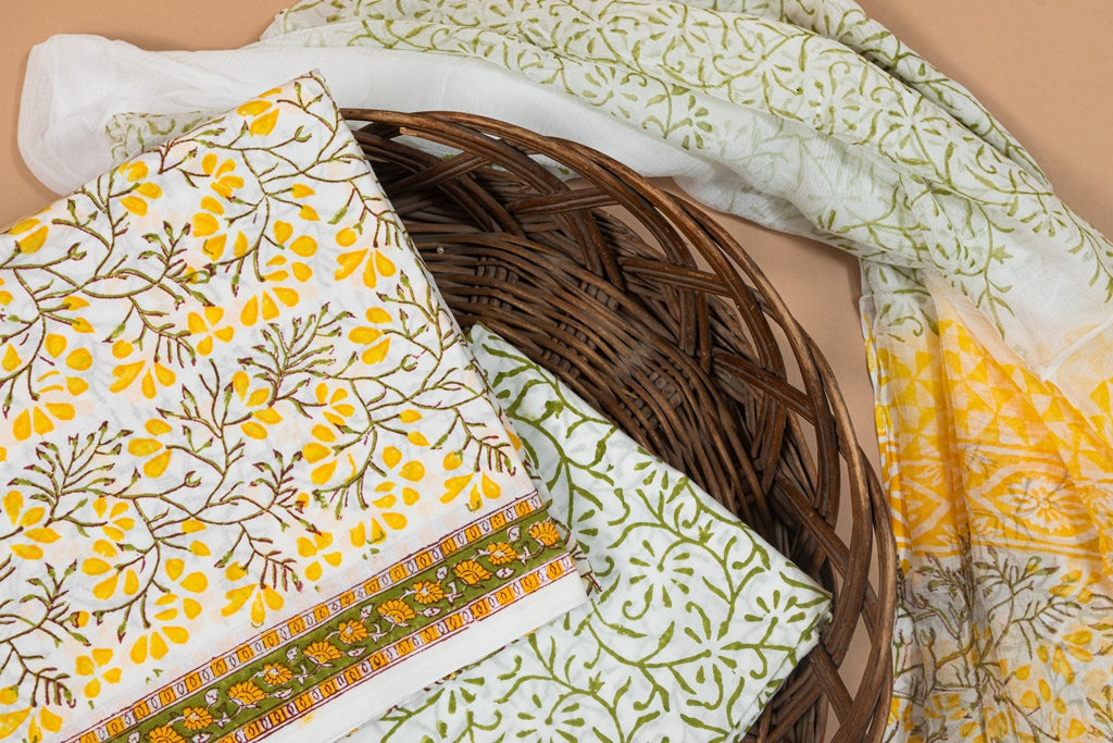 Daisy White- Yellow Handblock Printed Unstitched Suit Set With Chiffon Dupatta (245NV3CTCF)