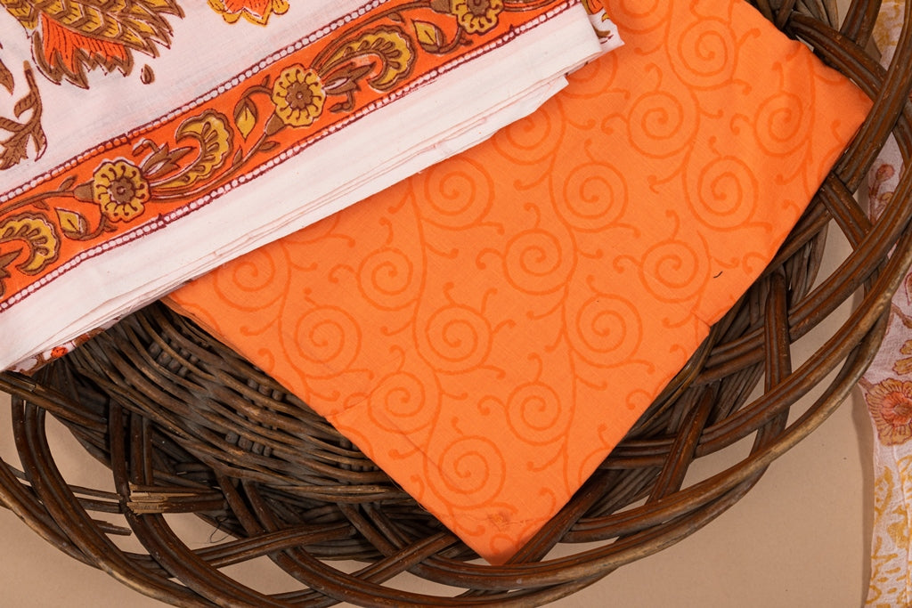 Savvy Peach- Orange Handblock Printed Unstitched Suit Set With Chiffon Dupatta (246NV3CTCF)
