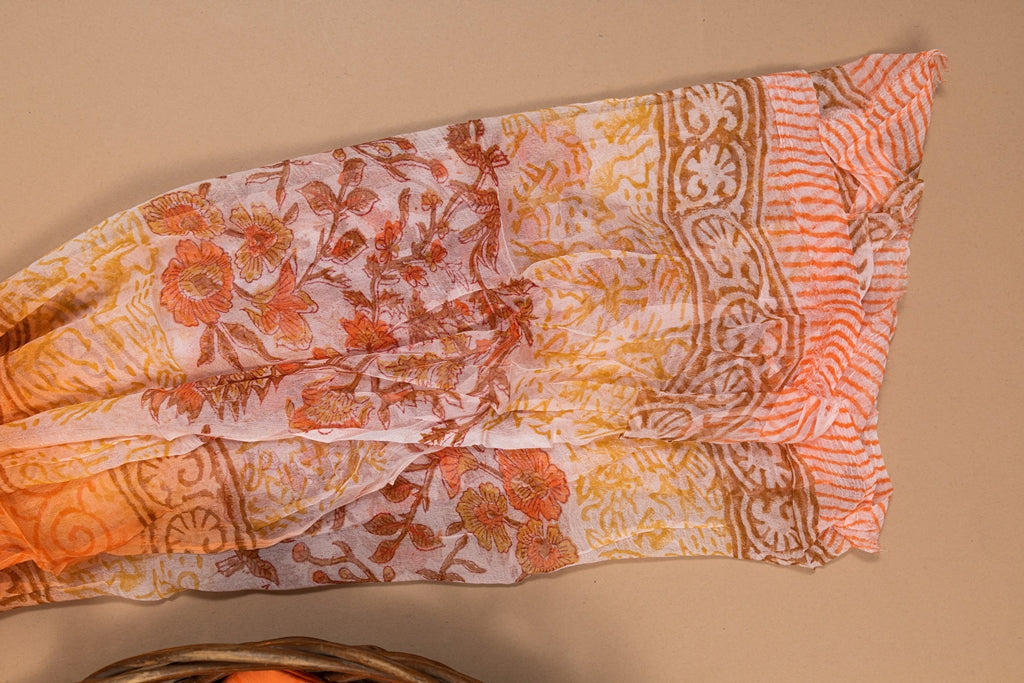 Savvy Peach- Orange Handblock Printed Unstitched Suit Set With Chiffon Dupatta (246NV3CTCF)