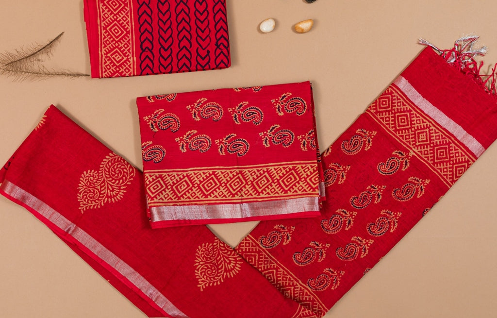 Refined Red Handblock Printed Linen Unstitched Suit Set (248NV3LNLN)