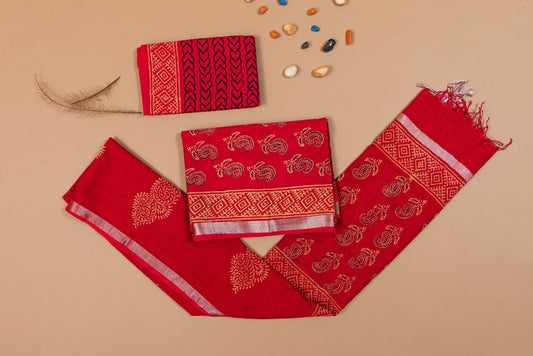 Refined Red Handblock Printed Linen Unstitched Suit Set (248NV3LNLN)