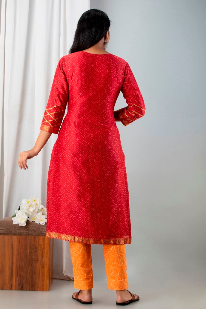 Graceful Red Orange Handblock Printed Maheshwari Silk Suit Set With Maheshwari Dupatta (A131K3RED)