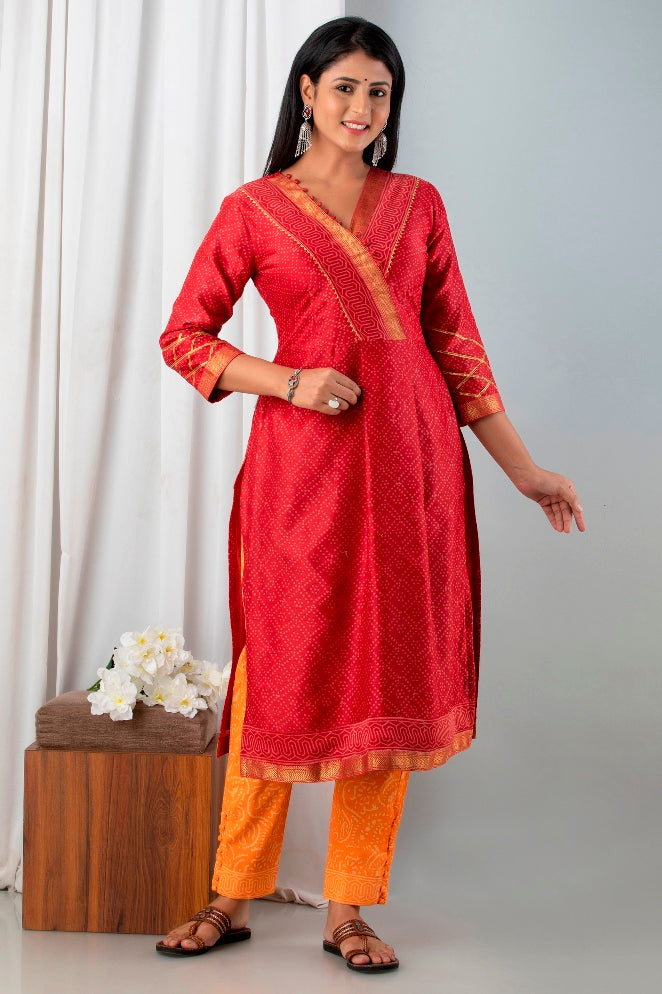 Graceful Red Orange Handblock Printed Maheshwari Silk Suit Set With Maheshwari Dupatta (A131K3RED)