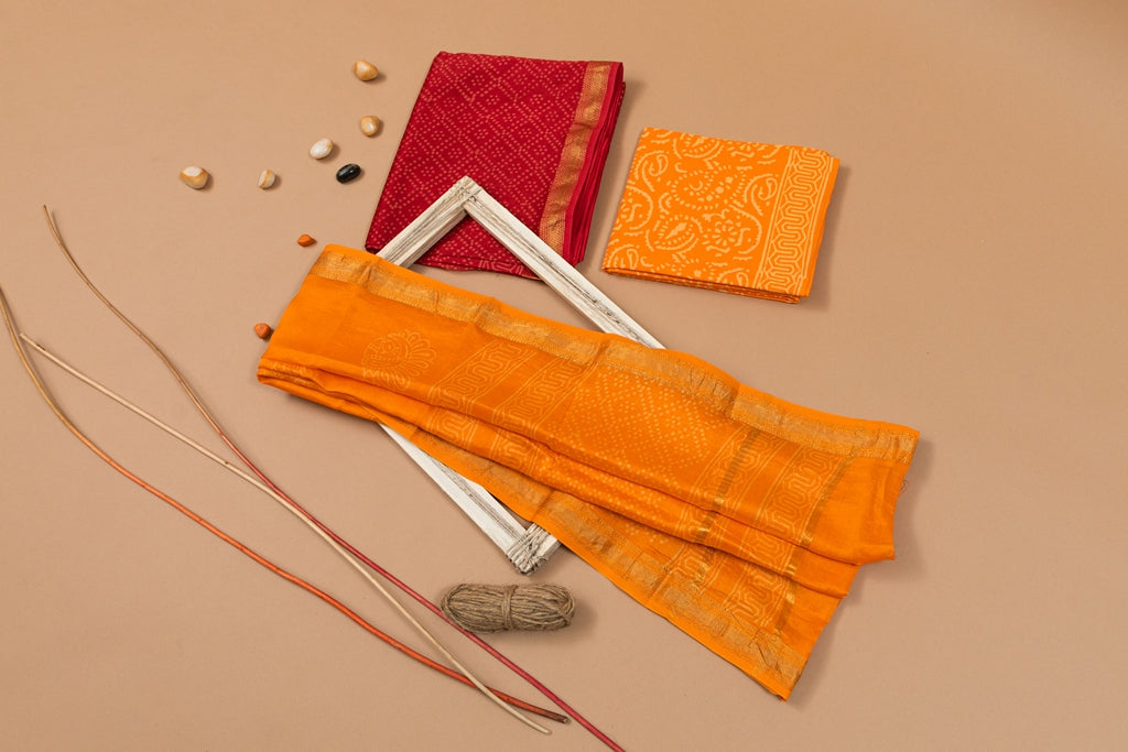 Radiant Red- Orange Handblock Printed Maheshwari Unstitched Suit Set (252MH3MSMS)