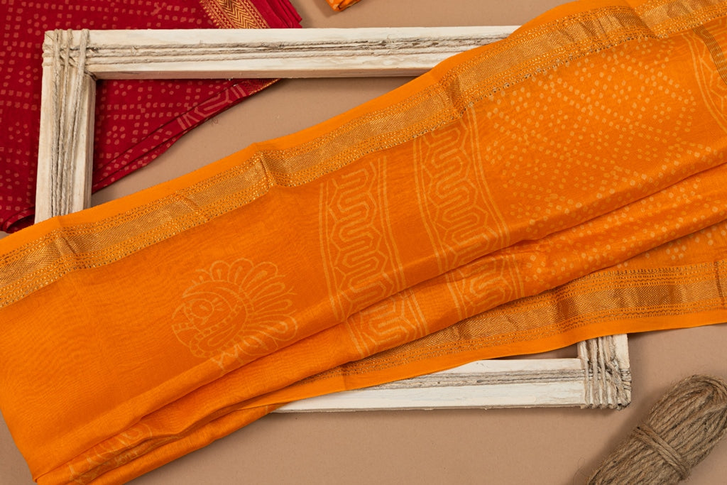 Radiant Red- Orange Handblock Printed Maheshwari Unstitched Suit Set (252MH3MSMS)