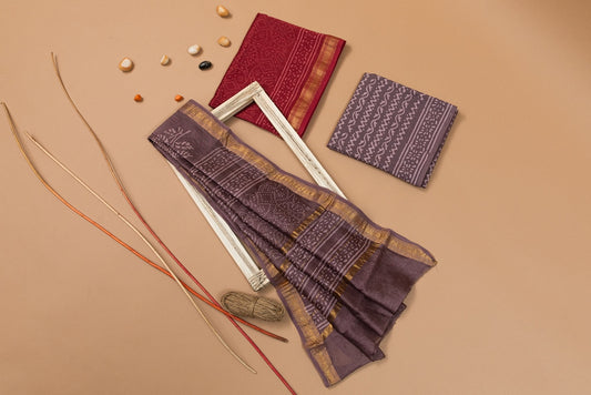 Mulberry Mauve- Purple Handblock Printed Maheshwari Unstitched Suit Set (253MH3MSMS)