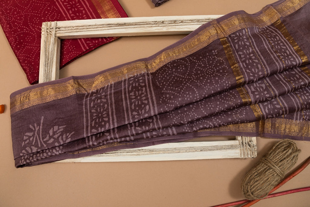 Mulberry Mauve- Purple Handblock Printed Maheshwari Unstitched Suit Set (253MH3MSMS)