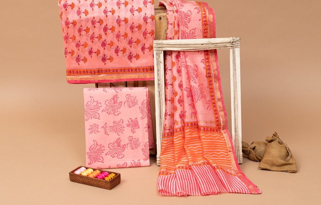 Flamingo Pink Handblock Printed Chanderi Silk Unstitched Suit Set (258MH3CHCH)