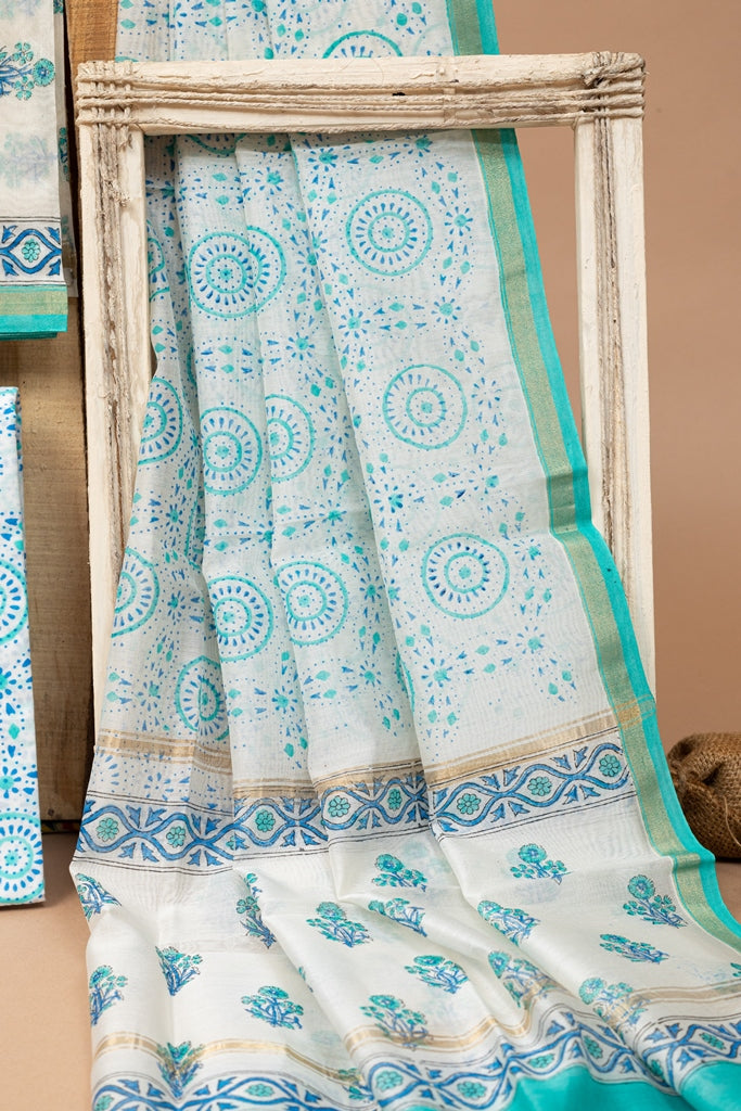 Powder White- Turquoise Handblock Printed Chanderi Silk Unstitched Suit Set (261MH3CHCH)