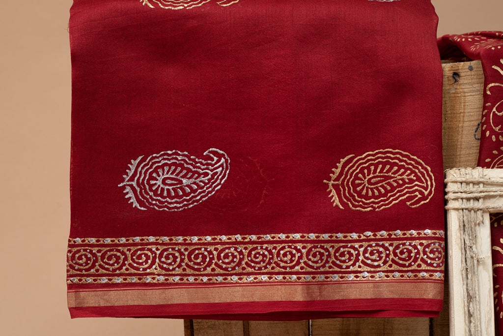 Alluring Red- Gold Handblock Printed Chanderi Silk Unstitched Suit Set (263MH3CHCH)