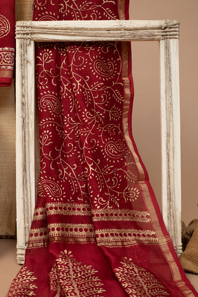Alluring Red- Gold Handblock Printed Chanderi Silk Unstitched Suit Set (263MH3CHCH)