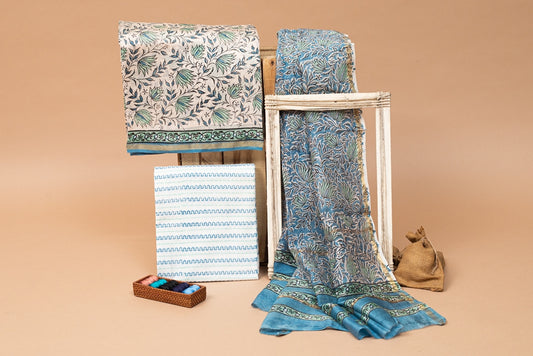 Flora White- Blue Handblock Printed Chanderi Silk Unstitched Suit Set (264MH3CHCH)
