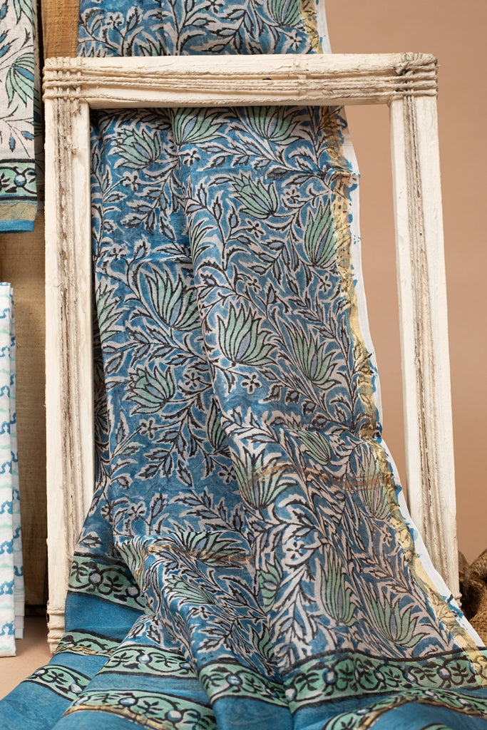 Flora White- Blue Handblock Printed Chanderi Silk Unstitched Suit Set (264MH3CHCH)