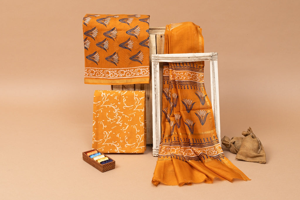 Amber Orange- Blue Handblock Printed Chanderi Silk Unstitched Suit Set (265MH3CHCH)