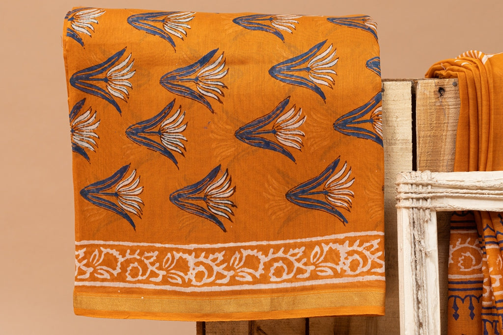 Amber Orange- Blue Handblock Printed Chanderi Silk Unstitched Suit Set (265MH3CHCH)