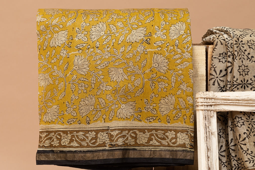 Munsell Yellow- Beige Handblock Printed Chanderi Silk Unstitched Suit Set (266MH3CHCH)