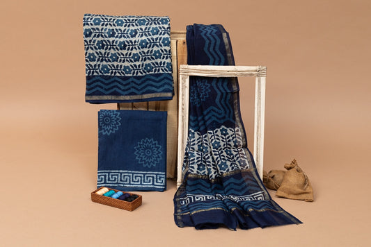 Indigo Blue- White Handblock Printed Chanderi Silk Unstitched Suit Set (267MH3CHCH)