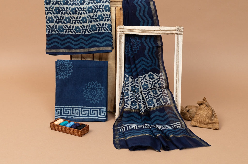 Indigo Blue- White Handblock Printed Chanderi Silk Unstitched Suit Set (267MH3CHCH)
