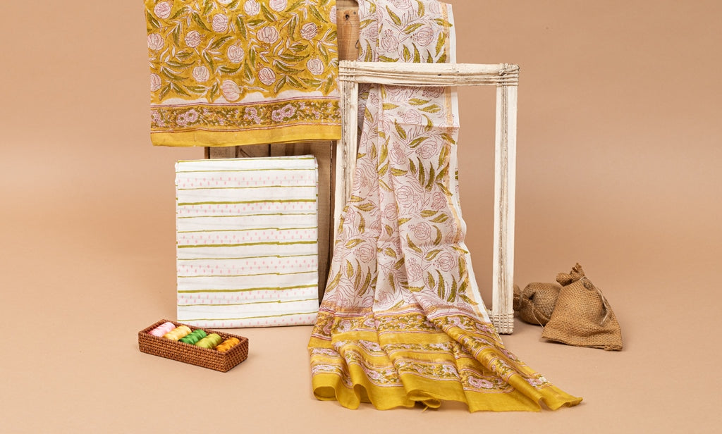 Meadow Yellow- White Handblock Printed Chanderi Silk Unstitched Suit Set (269MH3CHCH)