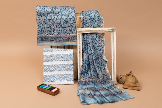Tempting Blue- White Handblock Printed Chanderi Silk Unstitched Suit Set (271MH3CHCH)