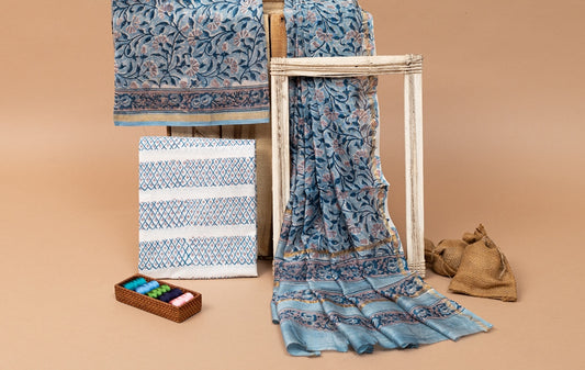 Tempting Blue- White Handblock Printed Chanderi Silk Unstitched Suit Set (271MH3CHCH)