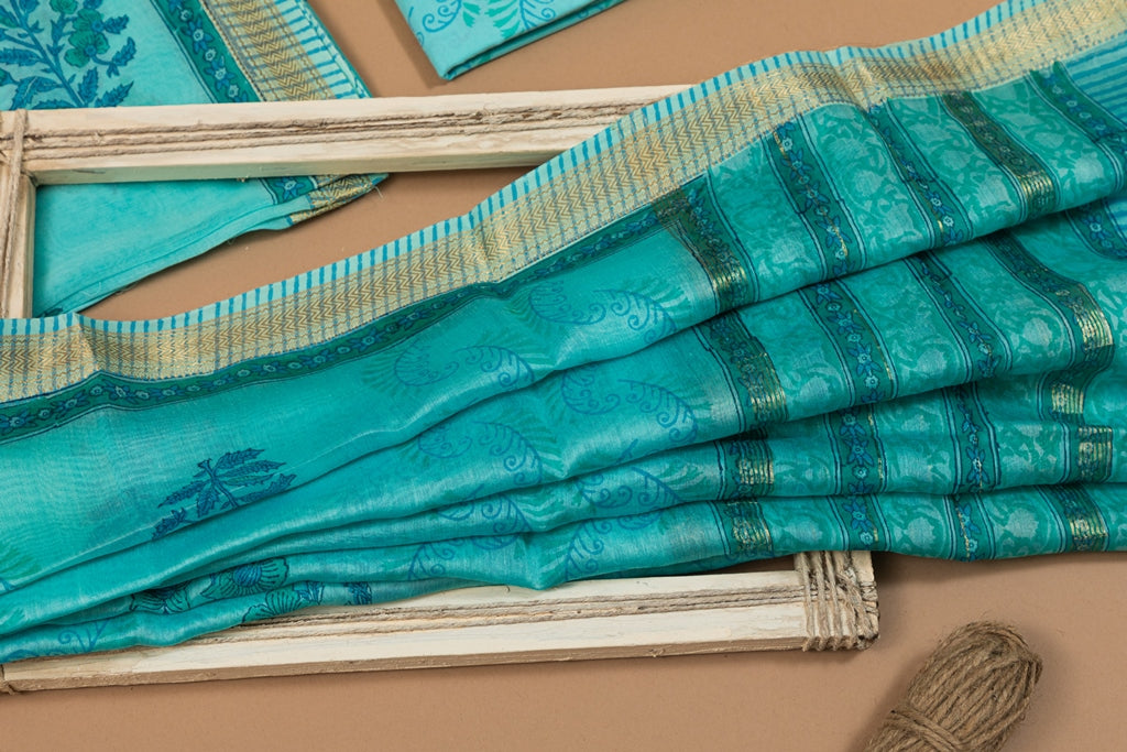 Glitzy Turquoise Handblock Printed Maheshwari Unstitched Suit Set (273MH3MSMS)