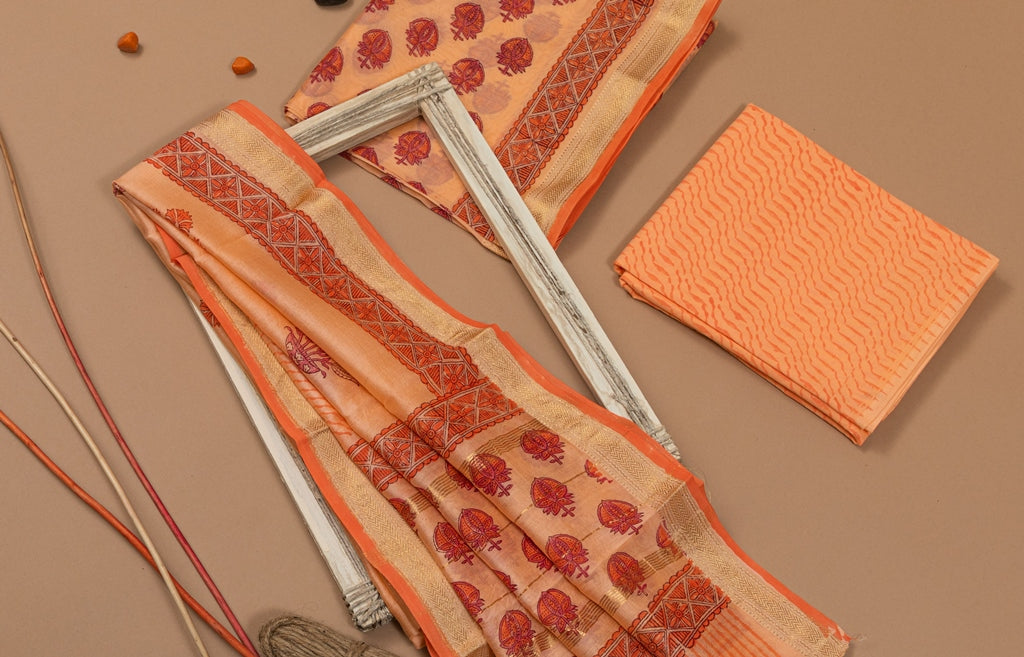 Peach Fuzz Handblock Printed Maheshwari Unstitched Suit Set (274MH3MSMS)