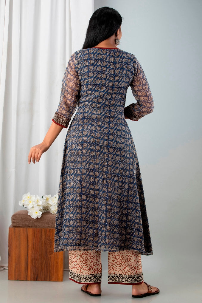 Classic Blue & Beige Handblock Printed Doriya Suit Set With Doriya Dupatta (A126K3BLU)