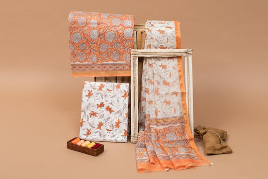 Whimsical Orange- White Handblock Printed Chanderi Silk Unstitched Suit Set (277MH3CHCH)