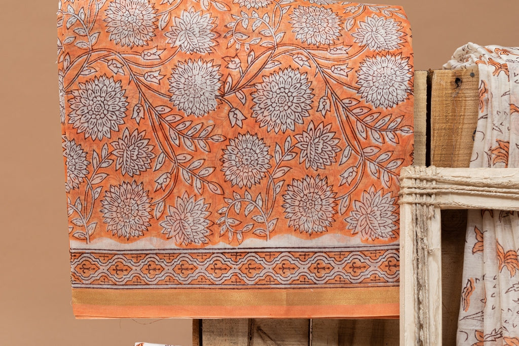 Whimsical Orange- White Handblock Printed Chanderi Silk Unstitched Suit Set (277MH3CHCH)