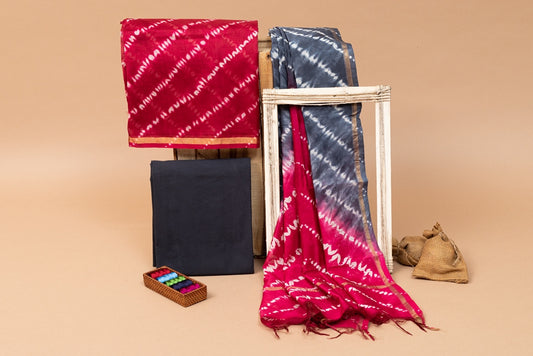 Felicitous Pink- Oxford Blue Handblock Tie and Dye Shibori Printed Chanderi Silk Unstitched Suit Set (278MH3CHCH)