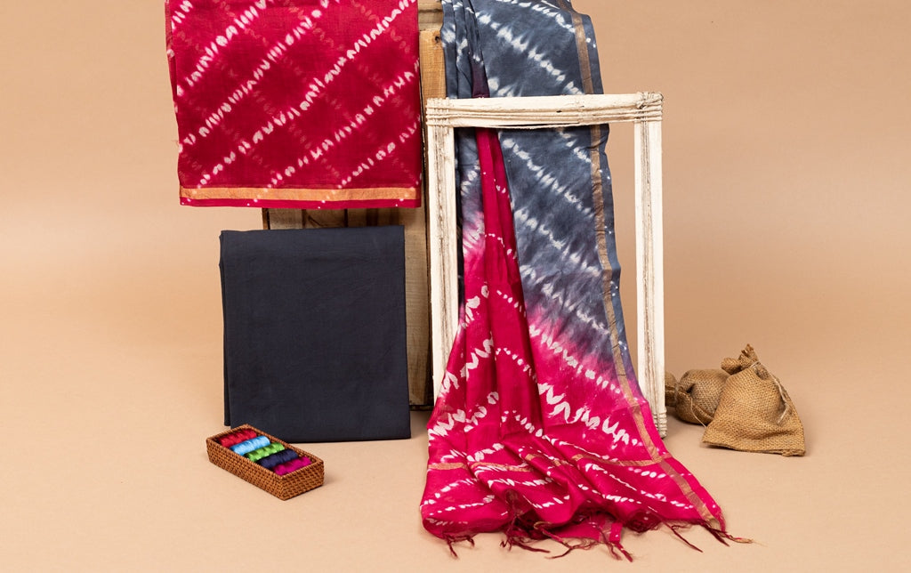 Felicitous Pink- Oxford Blue Handblock Tie and Dye Shibori Printed Chanderi Silk Unstitched Suit Set (278MH3CHCH)
