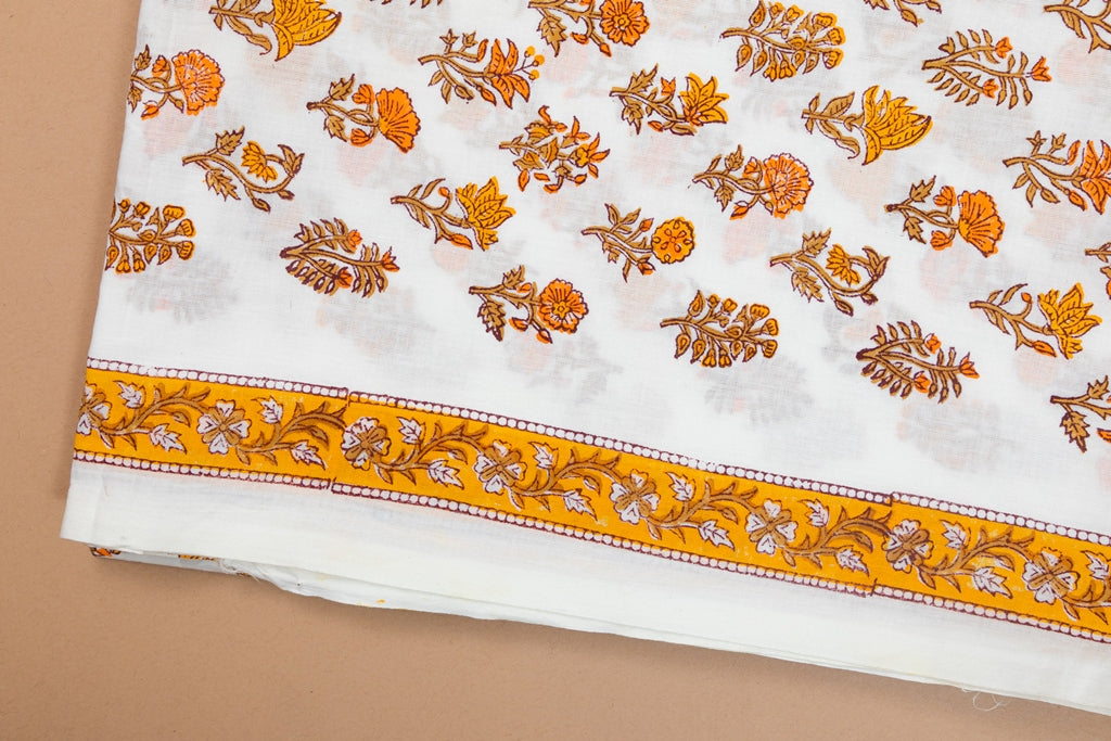 Antique White Handblock Printed Unstitched Cotton Suit Set With Mulmul Dupatta (279MH3CTML)