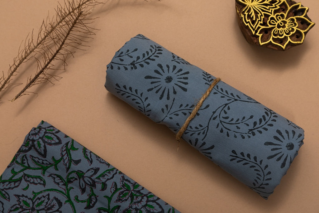 Splendid Stone Blue Handblock Printed Unstitched Cotton Suit Set With Mulmul Dupatta (280MH3CTML)