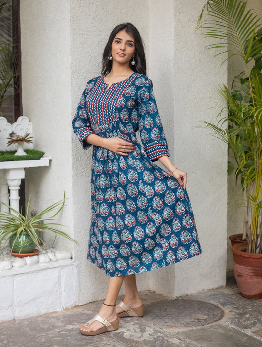 Womens Cotton Buti Print Dress (Blue) (285VDK403NV)
