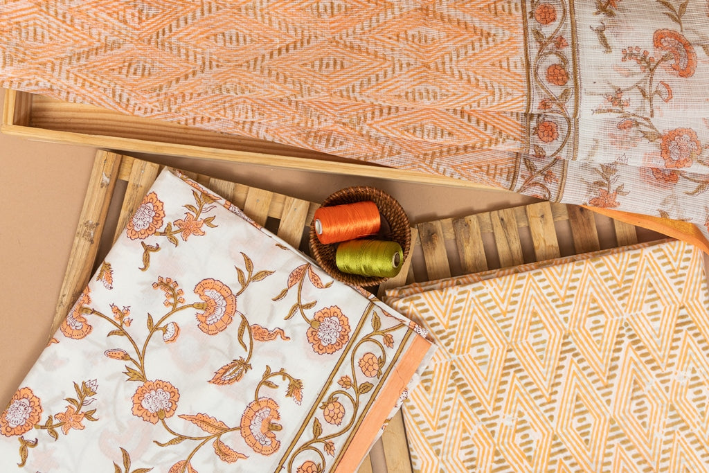 Lucent White and Peach Handblock Printed Unstitched Suit Set With Kota Doriya Dupatta (287MH3CTKT)