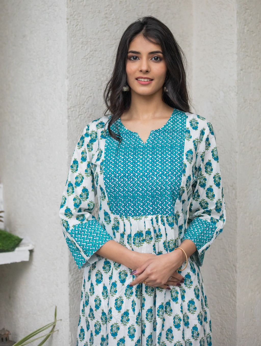 Womens Cotton Buti Print Anarkali Dress (White) (287VDK403TQ)